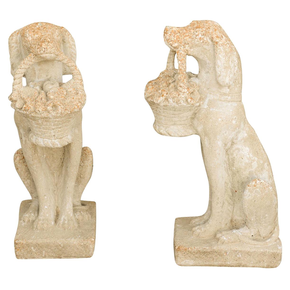 Pair of Midcentury English Cast Dog Sculptures Carrying Baskets of Flowers