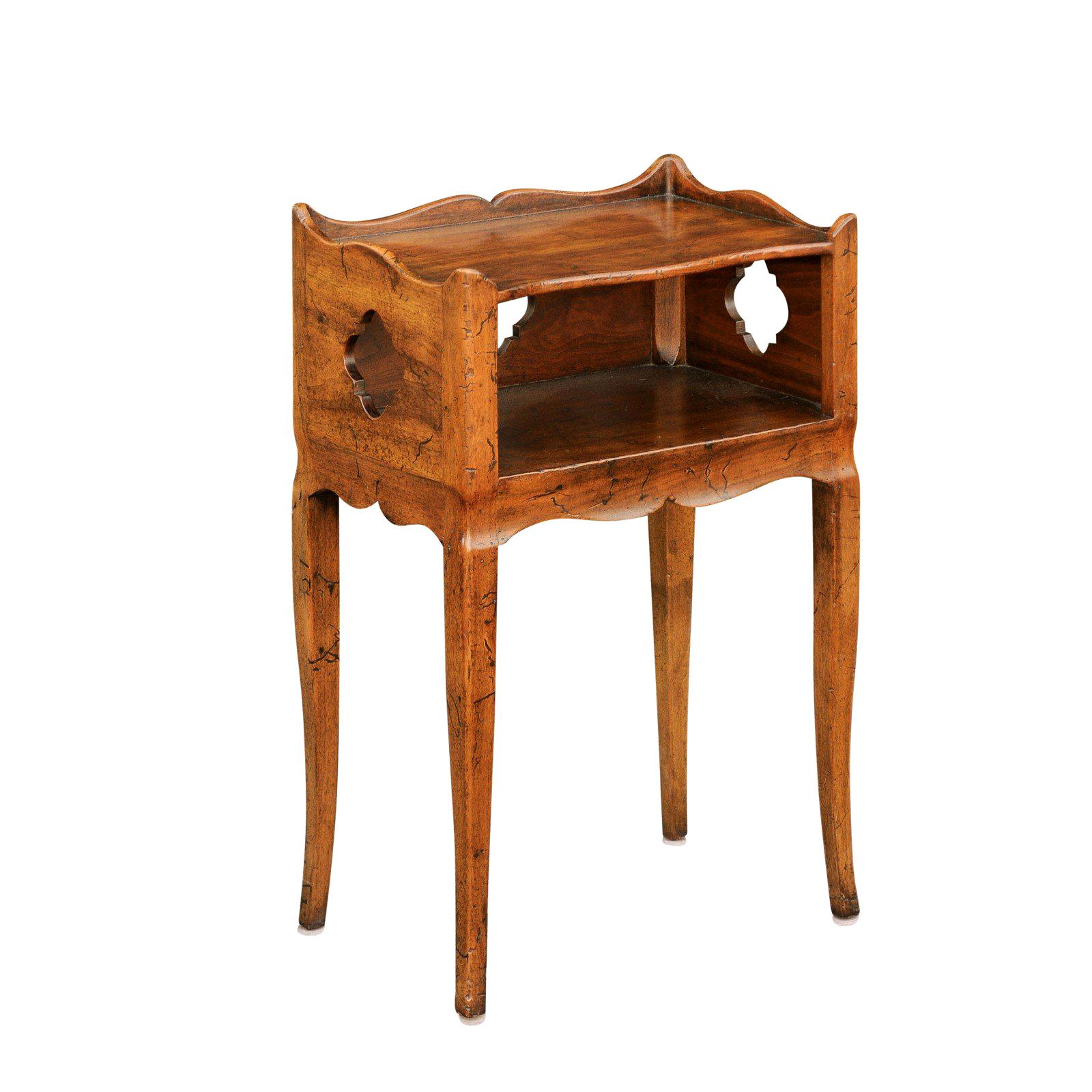 French 1960s Walnut Nightstand Table with Open Shelf and Quatrefoil Motifs