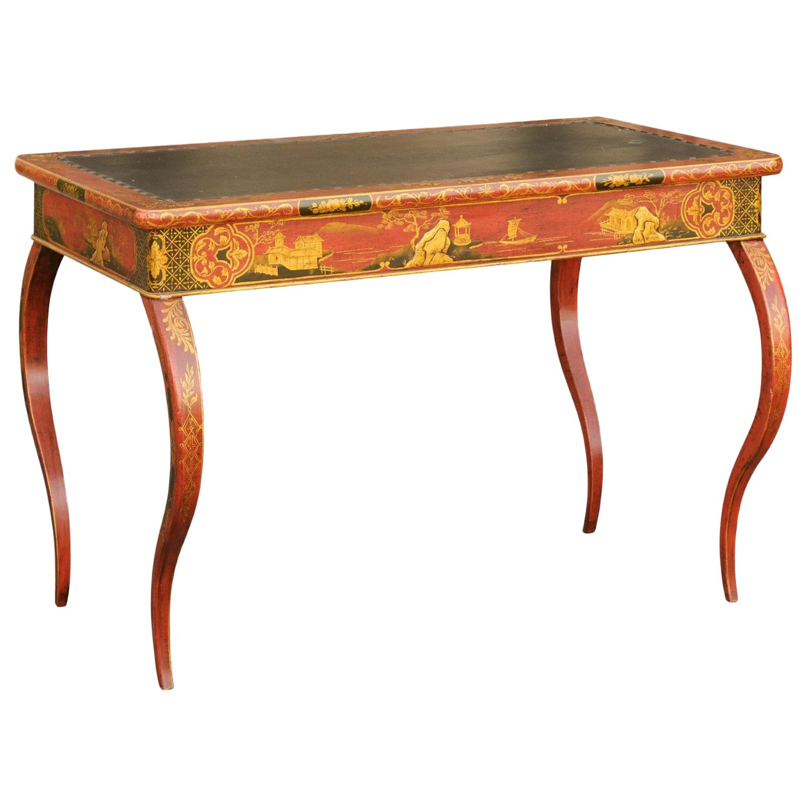 Table Regency anglaise des années 1820 avec décor Chinoiserie laqué rouge, or et noir