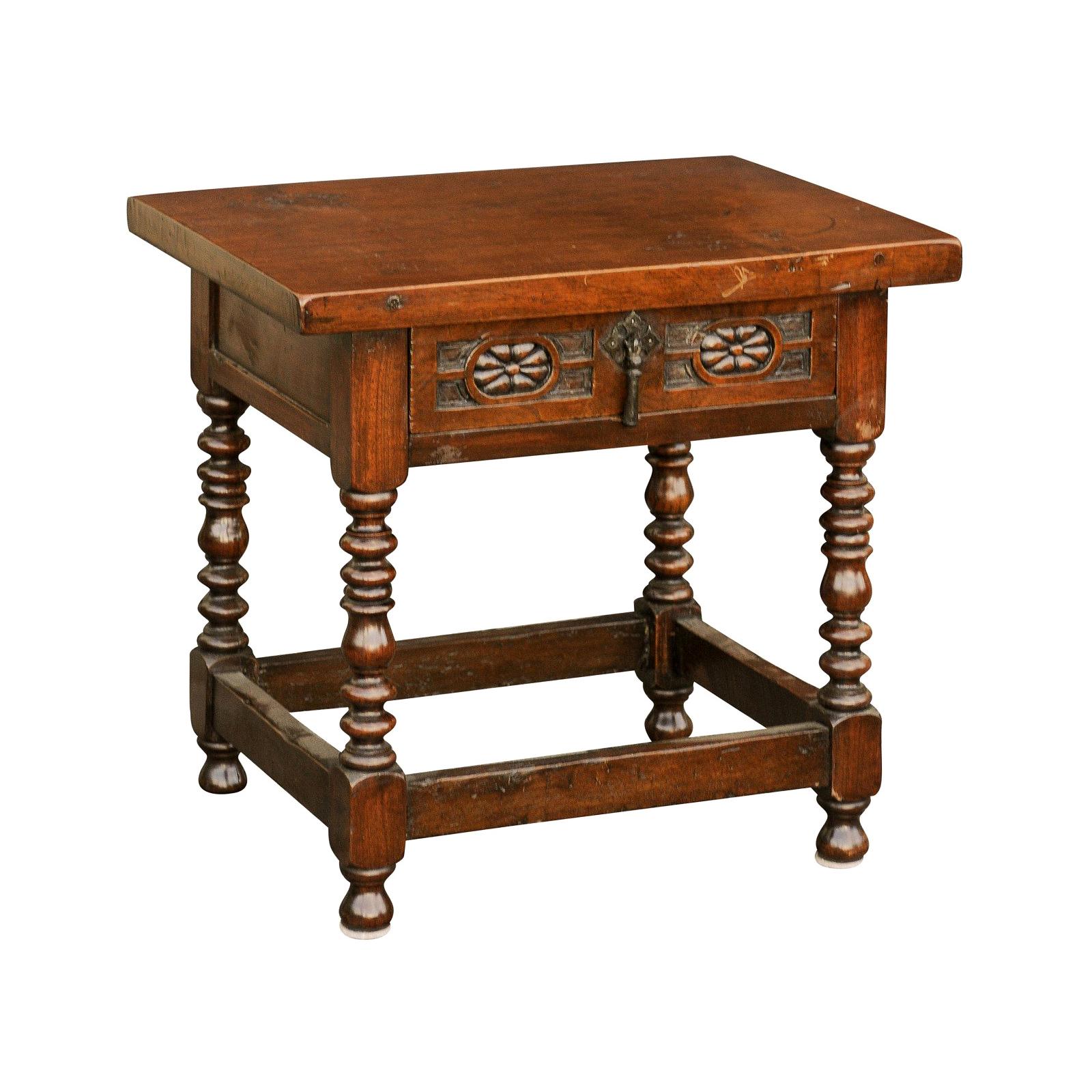 Italian 1900s Walnut Side Table with Drawer, Carved Rosettes and Turned Legs For Sale