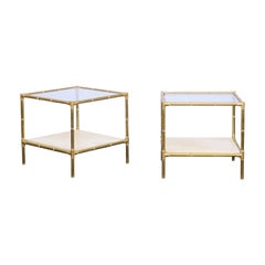 Pair of Italian Midcentury Brass Side Tables with Glass Top and Vellum Shelf