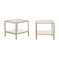 Pair of Italian Midcentury Brass Side Tables with Glass Top and Vellum Shelf