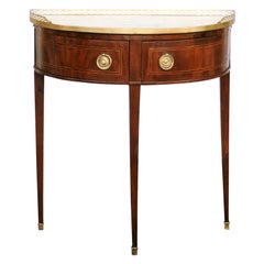 French Directoire Style Mahogany Demilune Table with Marble Top and Drawers