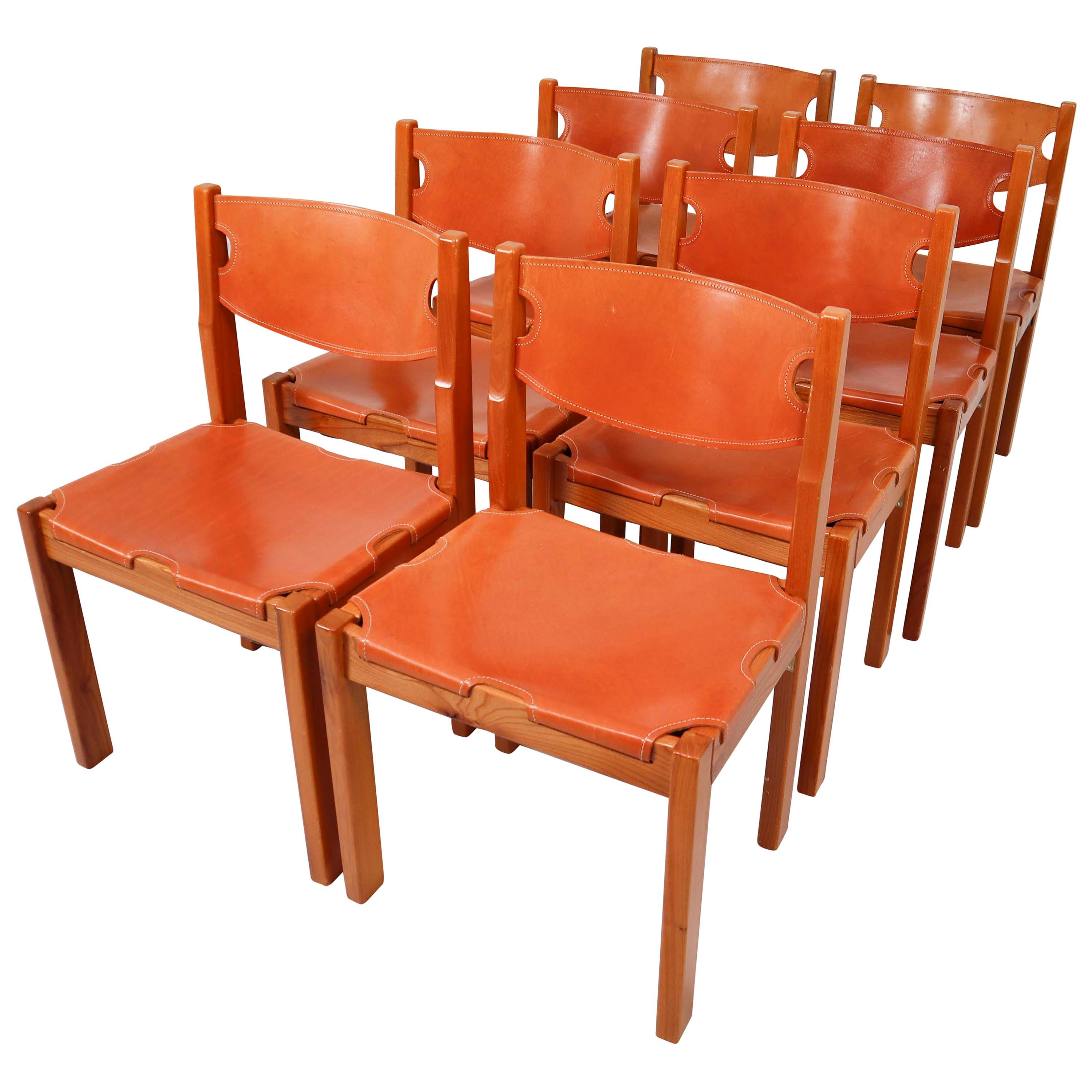 Set of Eight Cognac Leather Dining Chairs in Pinewood, France, 1960s
