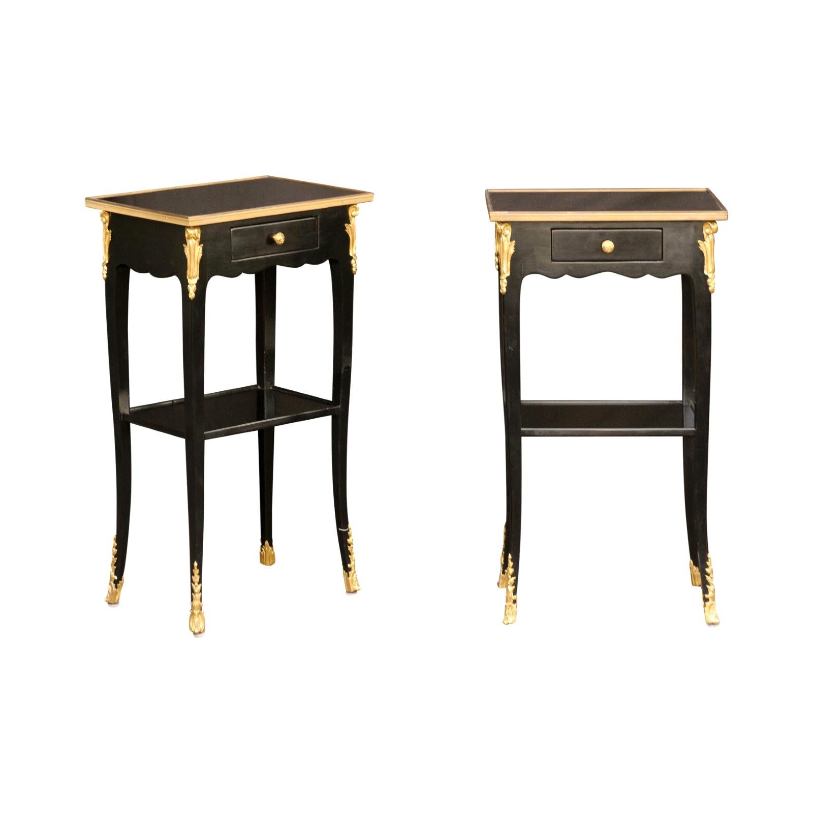 Pair of French Midcentury Ebonized Tables with Ormolu Mounts, Drawer and Shelf