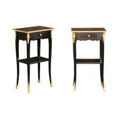 Vintage Pair of French Midcentury Ebonized Tables with Ormolu Mounts, Drawer and Shelf