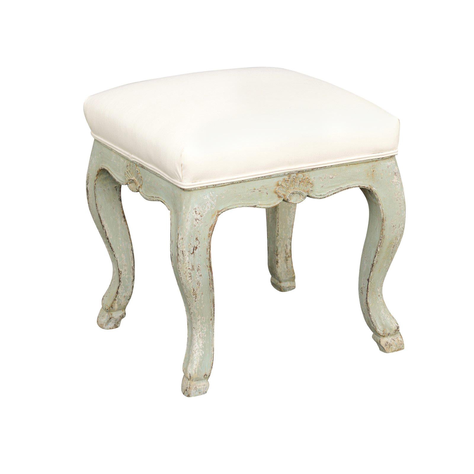 French Louis XV Style 1890s Painted Stool with Cabriole Legs and Hoof Feet