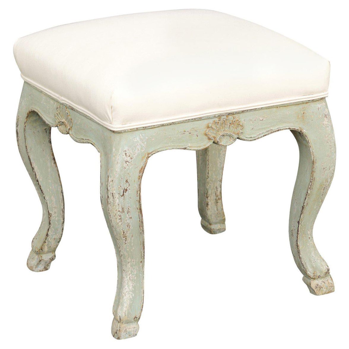 French Louis XV Style 1890s Green Painted Stool with Cabriole Legs and Hoof Feet