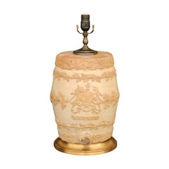 Antique English 1870s Stoneware Spirit Barrel Mounted as a Wired Lamp on Giltwood Base