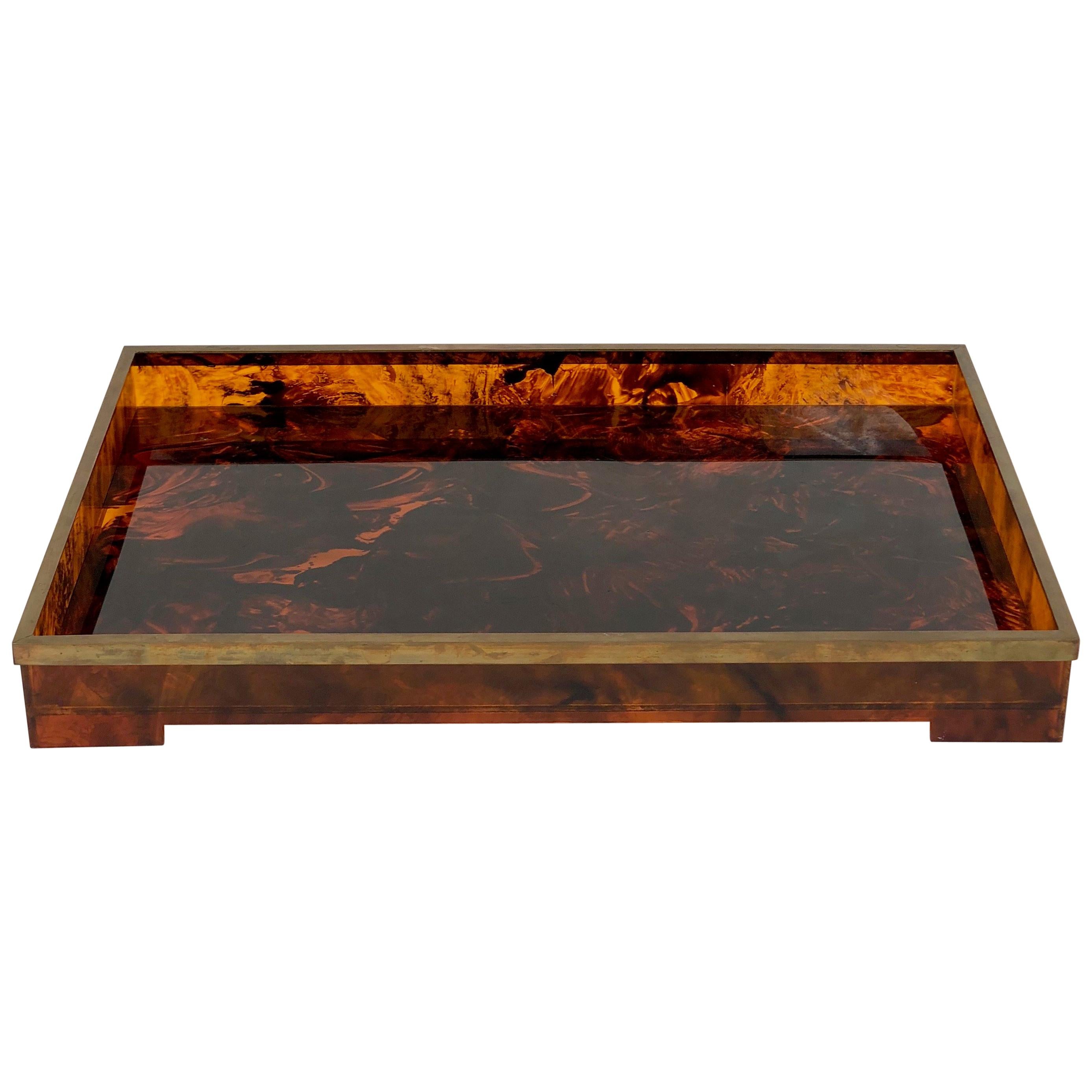 Tortoiseshell Serving Tray Plexiglass and Brass Willy Rizzo Style Italy, 1970s