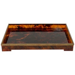 Tortoiseshell Serving Tray Plexiglass and Brass Willy Rizzo Style Italy, 1970s