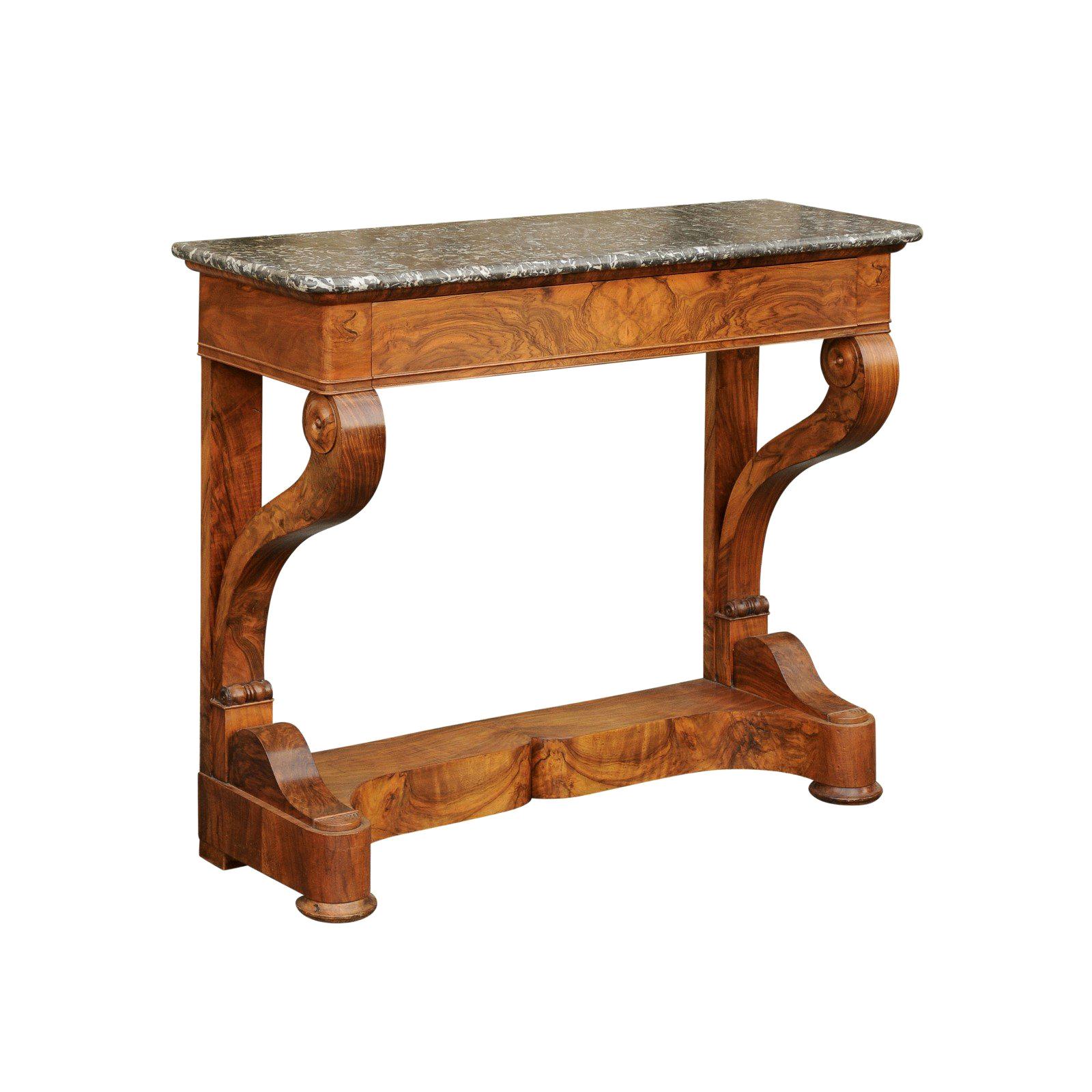 French 1840s Louis-Philippe Walnut Console Table with Grey Marble Top and Drawer