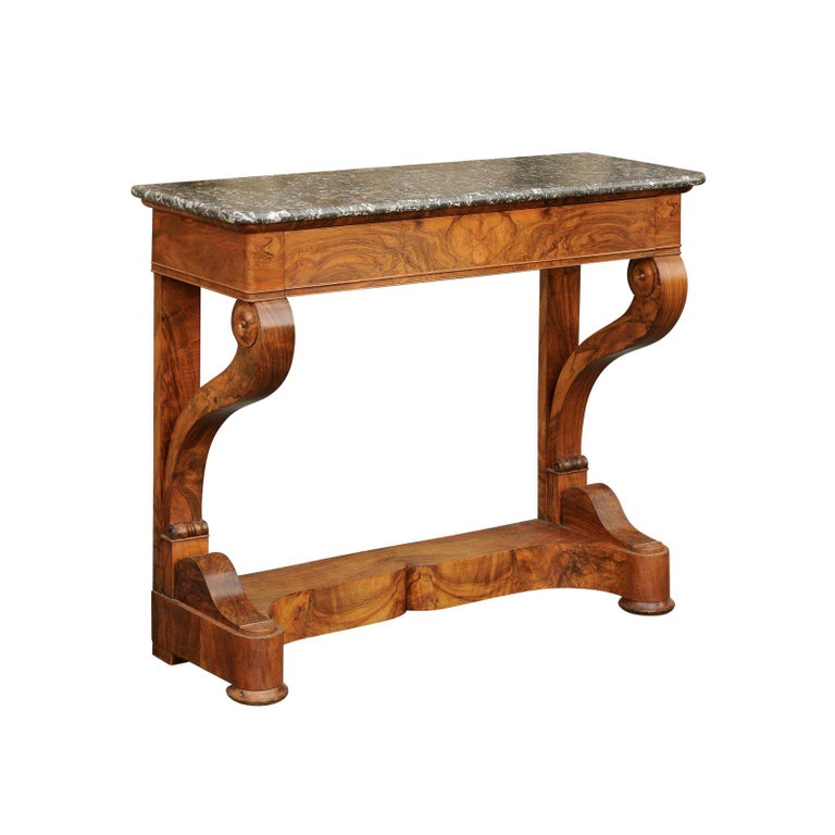 French 1840s Louis Philippe Walnut Console Table With Grey Marble