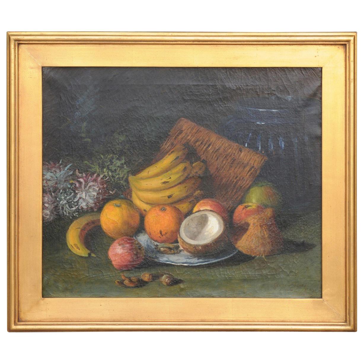 English 1908 Oil on Canvas Still-Life Painting Set Inside a Giltwood Frame