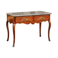 French Napoleon III 1850s Walnut Console Table with Marble Top and Two Drawers