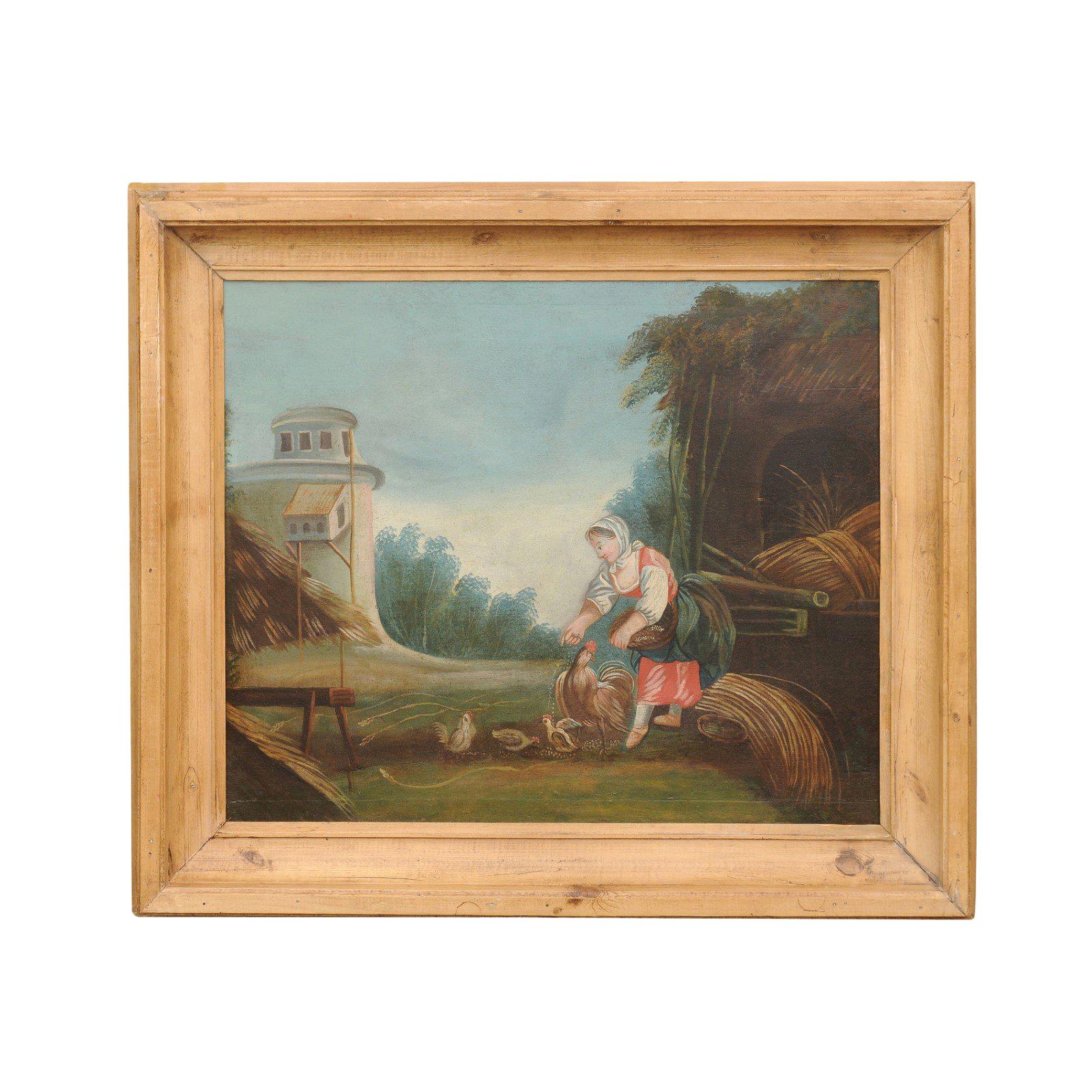 French Late 18th Century Country Scene Oil on Canvas Painting Set in Pine Frame