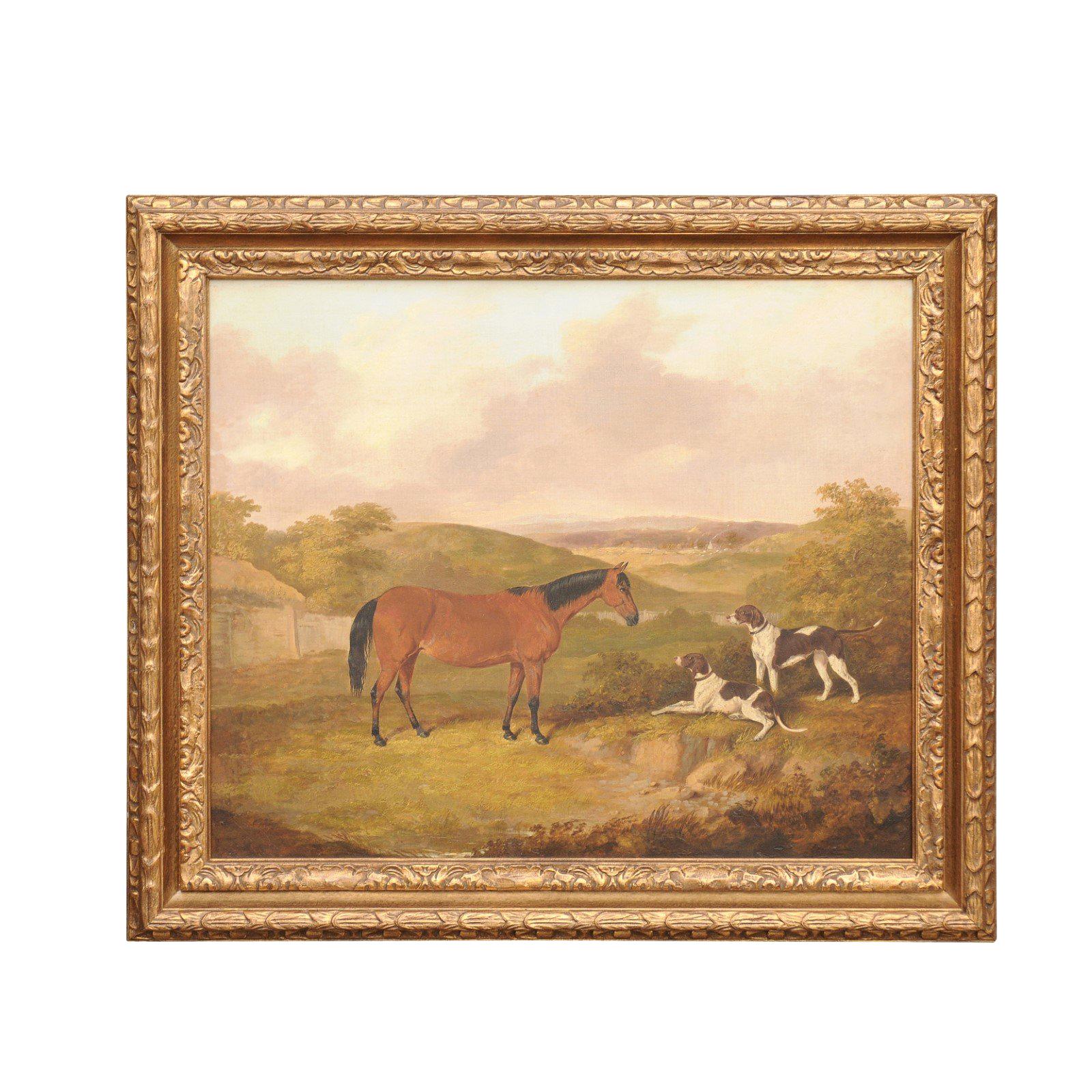English Thomas Bretland 1850s Framed Oil Painting Depicting a Horse with Dogs