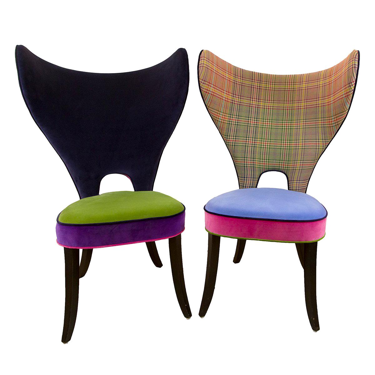 Pair of Unique Multi-Fabric Colorful Upholstered Modern Wing Chairs