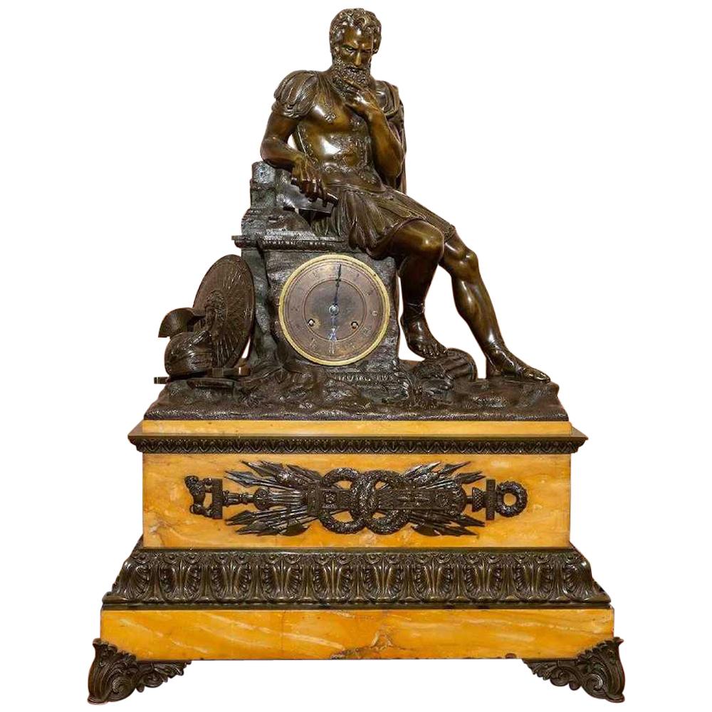 Large Patinated Bronze Figural Mantle Clock For Sale