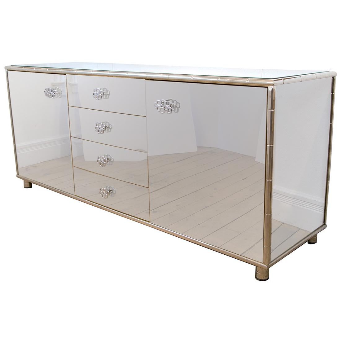 Rectangular Stainless Steel Cabinet with Faux Bamboo and Brass Details