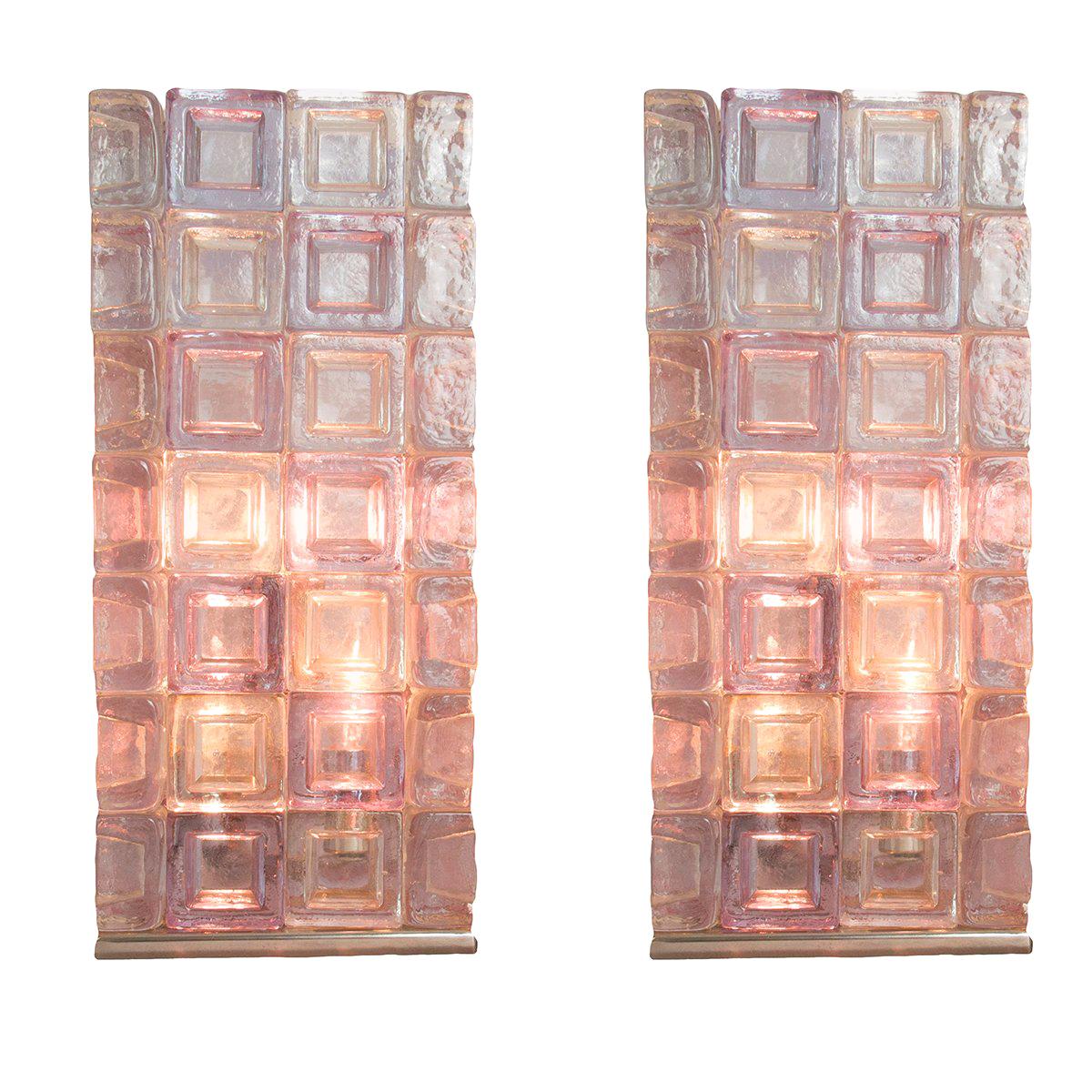Pair of Stacked Clear and Lavender Glass Cube Table Lamps with Chrome Detail