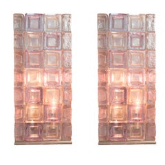 Pair of Stacked Clear and Lavender Glass Cube Table Lamps with Chrome Detail