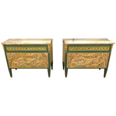 Paint Decorated Hollywood Regency Marble-Top Commodes Manner of M. Jansen, Pair