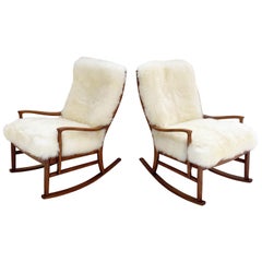 Parker Knoll Rocking Chairs with New Zealand Sheepskin Cushions, Pair