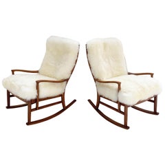 Vintage Parker Knoll Rocking Chairs with New Zealand Sheepskin Cushions, Pair