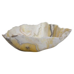 Large Hand Carved Mexican Onyx Bowl or Centerpiece in White, Gold, Gray & Taupe