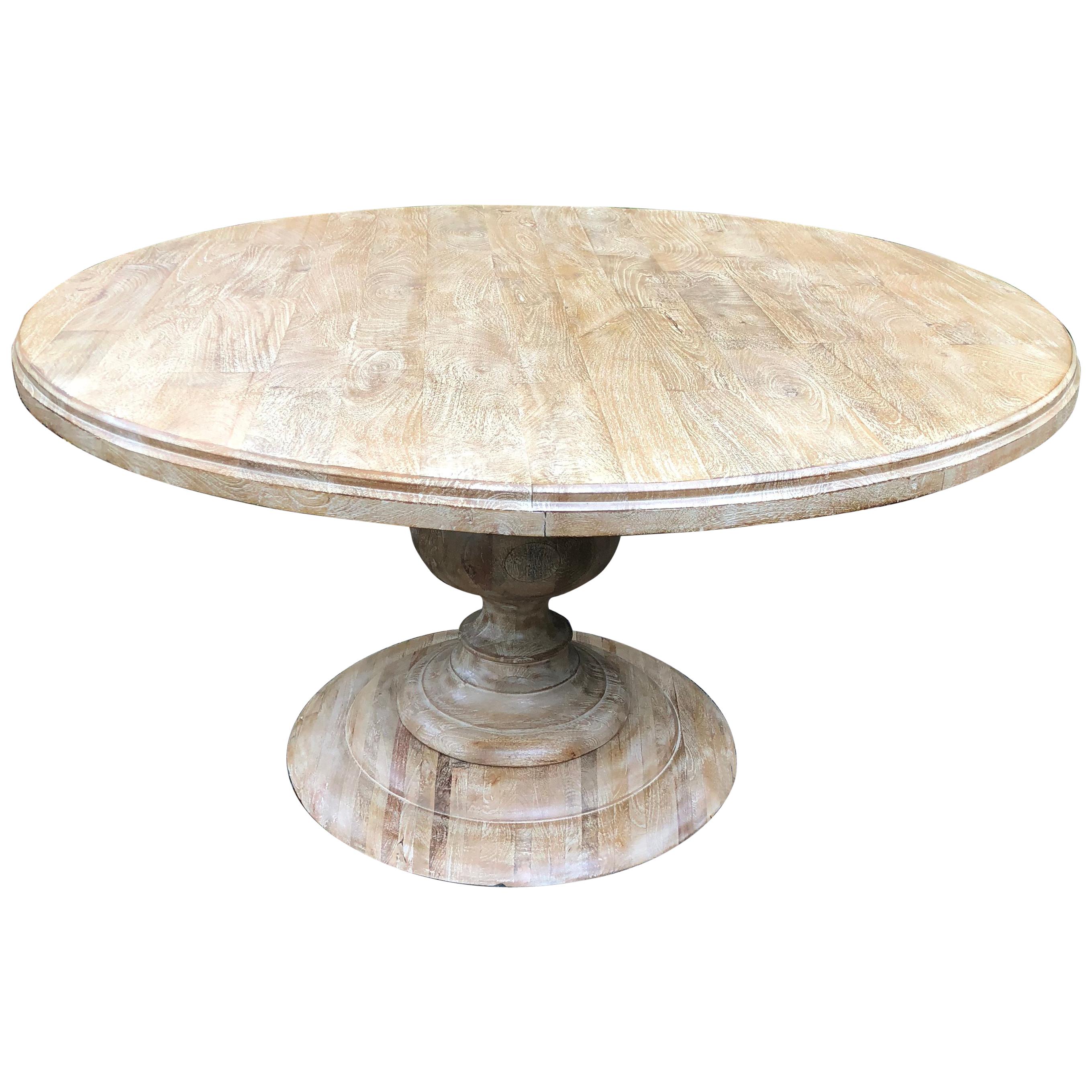 Custom Round Bleached Elm Dining Table with Urn Pedestal Base