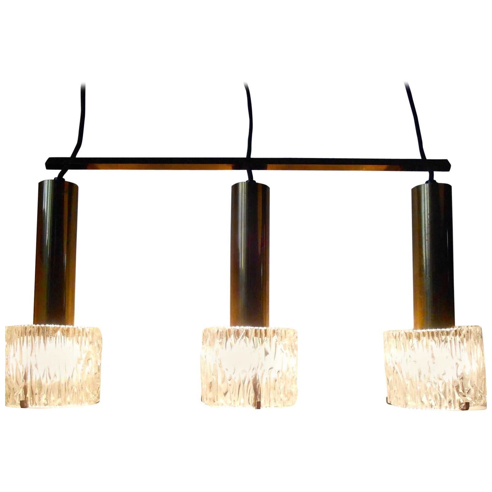 Carl Fagerlund Brass & Crystal Triple Pendant Lamp, Orrefors, 1950s For Sale