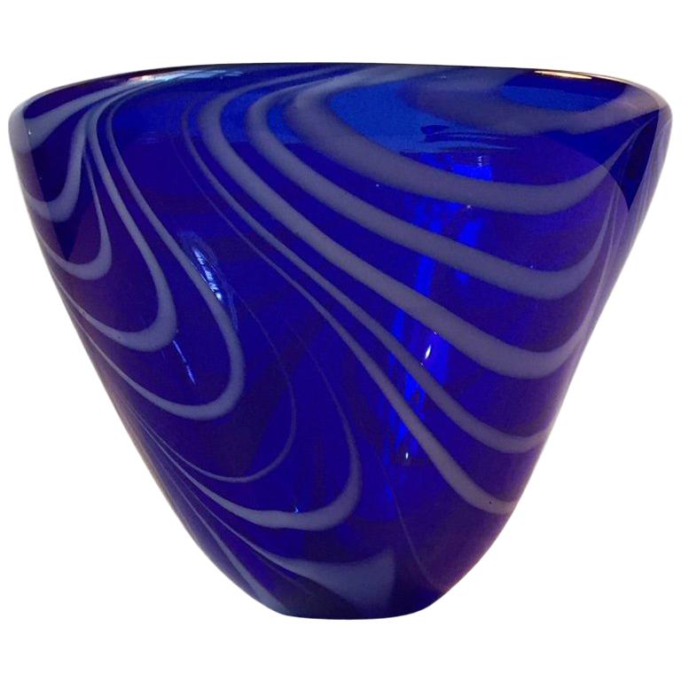 Blue Holmegaard Bowl with Candy Stripes by Torben Jorgensen, 1980s For Sale