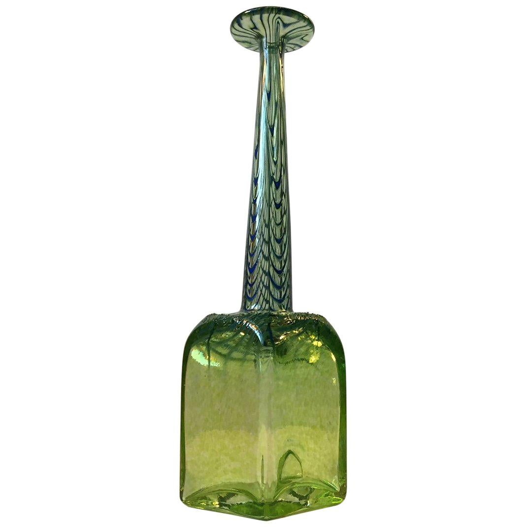 Unique Long Necked Green Art Glass Vase, Scandinavia, 1960s For Sale