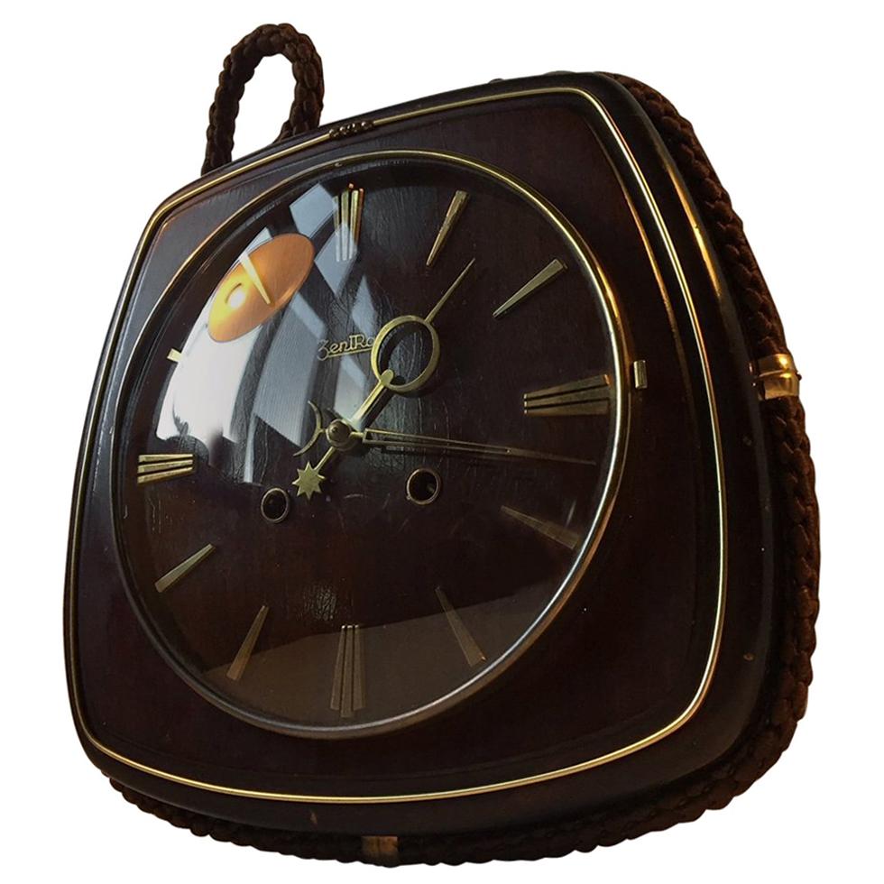 German Bauhaus Suspended Mahogany & Brass Wall Clock with Manuel Movement, 1940s For Sale