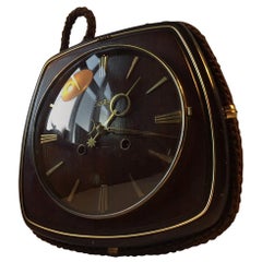 German Bauhaus Suspended Mahogany & Brass Wall Clock with Manuel Movement, 1940s