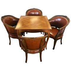 Italian Fruitwood Game Dining Table with Four Barrel Back Brown Leather Chairs