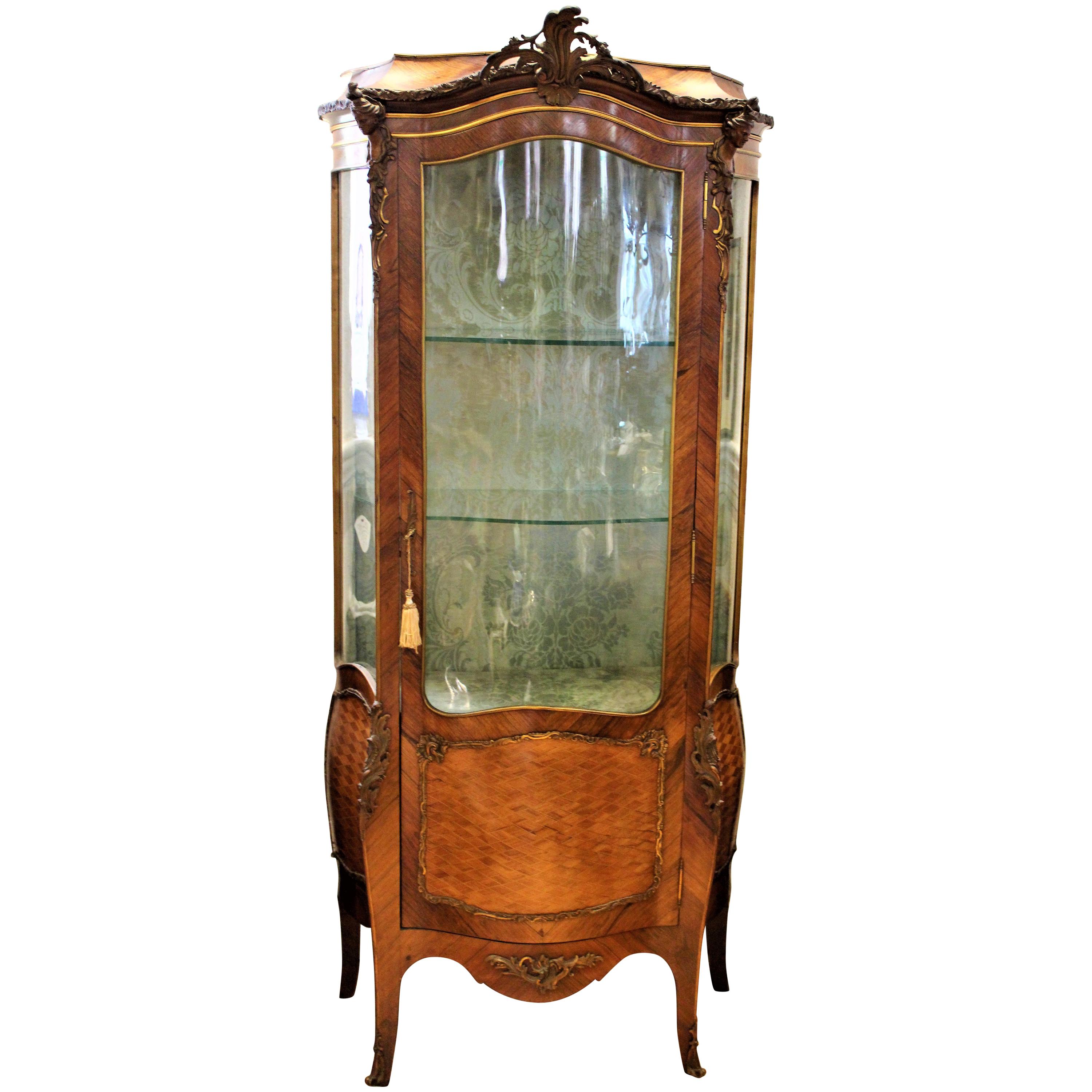 Antique French Formed Walnut Bombay Shaped Vitrine Cabinet with Bronze Mounts