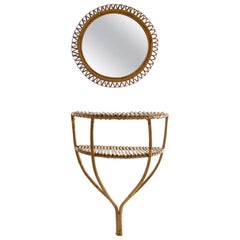 Rattan Console Table and Round Mirror, Italy