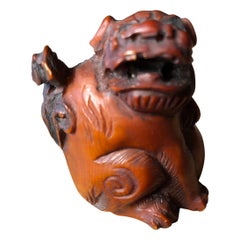 Japanese Old Signed Hand Carved Netsuke Lion Dog Shi Shi, Boxwood Gem
