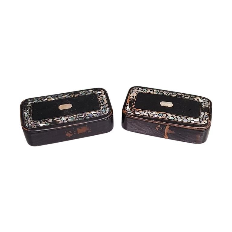 19th Century Black Lacquered Wooden Snuff Boxes Inlaid with Mother of Pearl For Sale