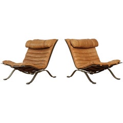 Pair of Arne Norell Tan Leather Ari Chairs, Norell Mobler, Sweden, 1970s