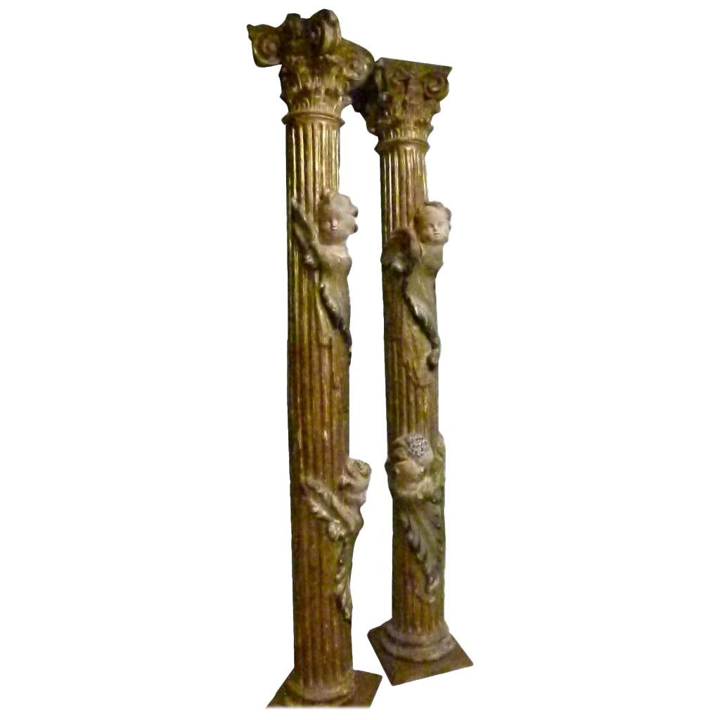 18th Century Pair of Hand Carved Polychromed Wooden Columns