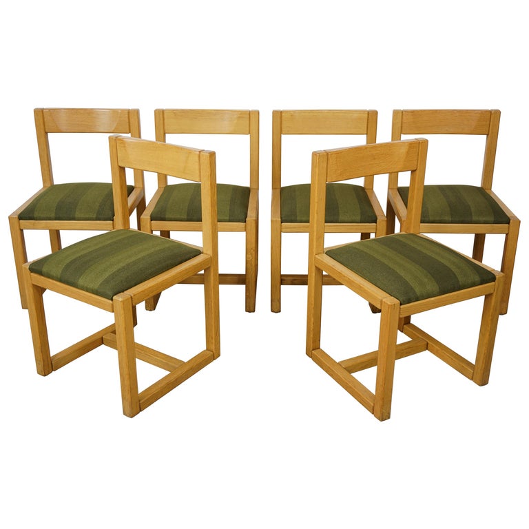 Scandinavian Style Wooden and Fabric Set of 6 Dining Chairs For Sale