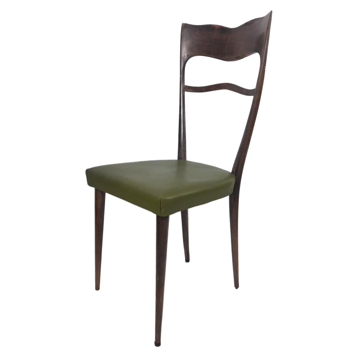 Mid-Century Modern Set of Six High-Back Beechwood and Green Italian Chairs For Sale