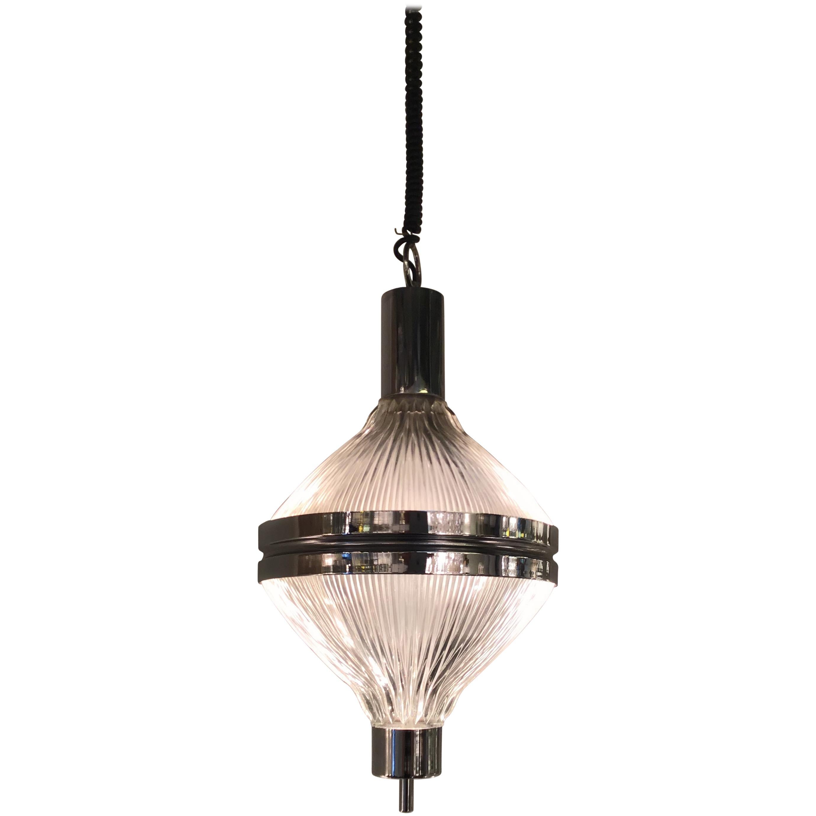 Artemide Chandelier 1960 Italia, Burnished Metal and Printed Glass For Sale