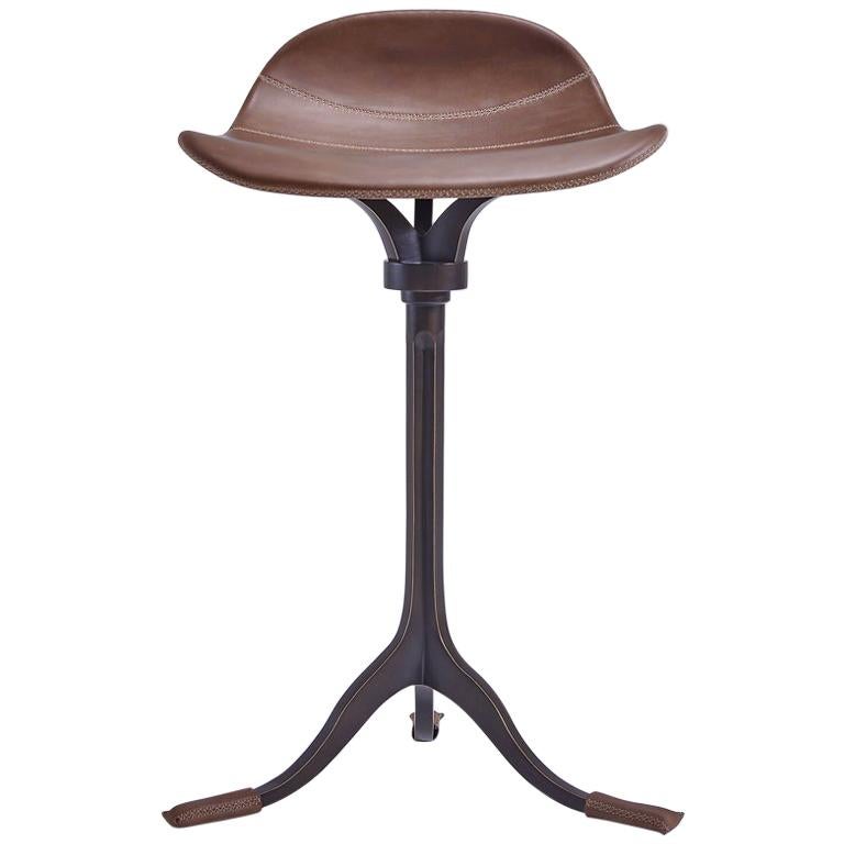 Counter-Height Swivel Stool, Truffe Leather, Brown Brass by P. Tendercool For Sale