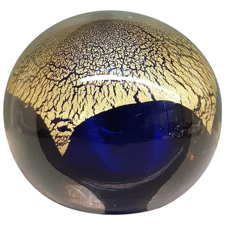 20th Century Glass Paperweight with Blue Bell and Gold Leaf