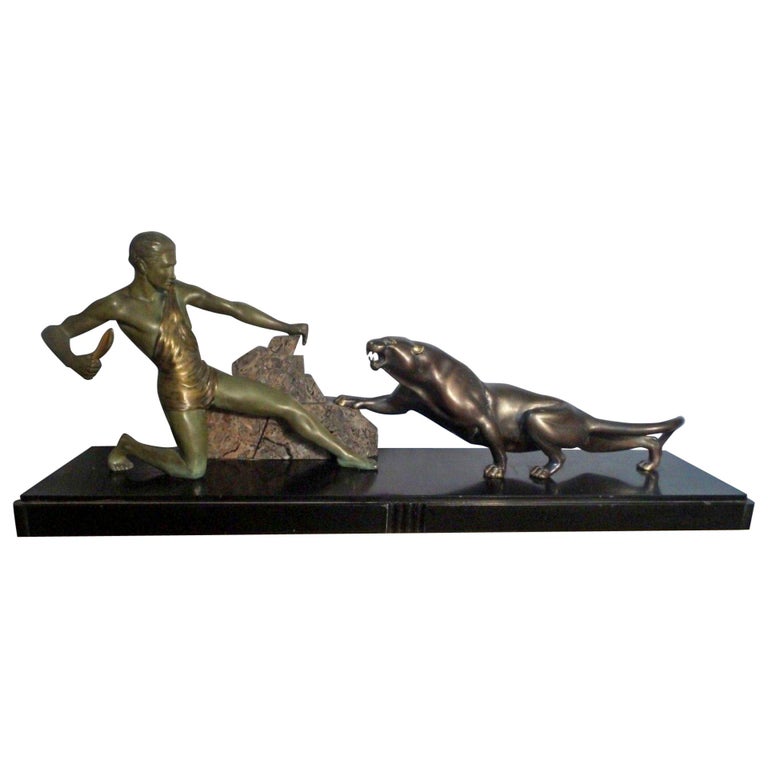 Outstanding Original Art Deco Bronze Study of Hunter Panther by J Brault For Sale