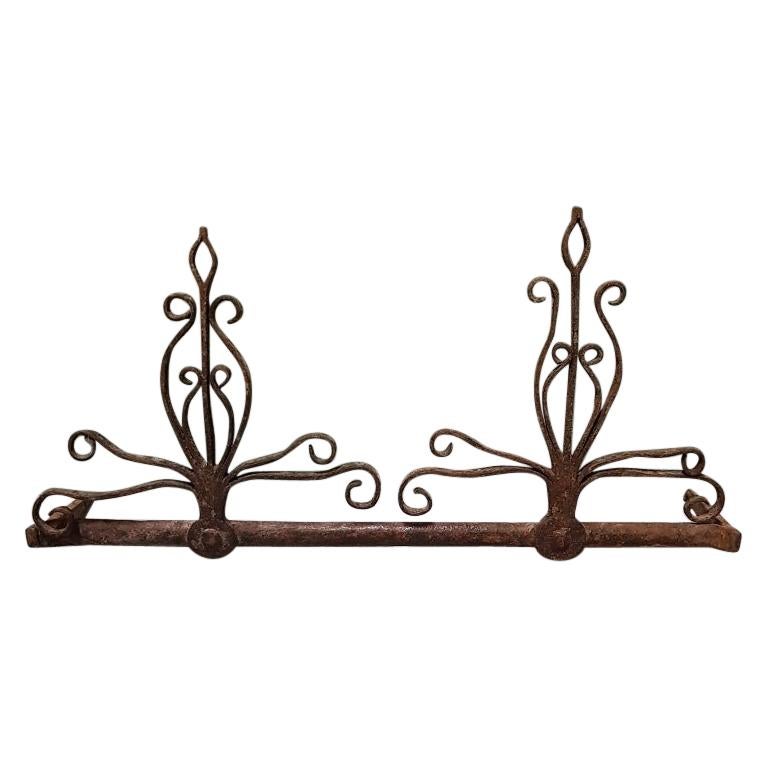 17th-18th Century Dutch Wrought Iron Fireplace Tools Wall Rack For Sale